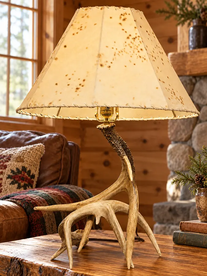 Two-Antler Whitetail Table Lamp in a rustic cabin
