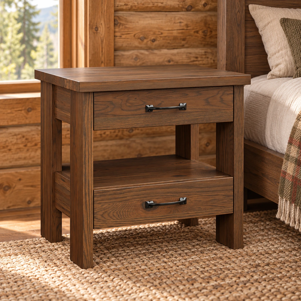 Prairie Crest Rustic White Oak Two-Drawer Shelf Nightstand in a cabin bedroom