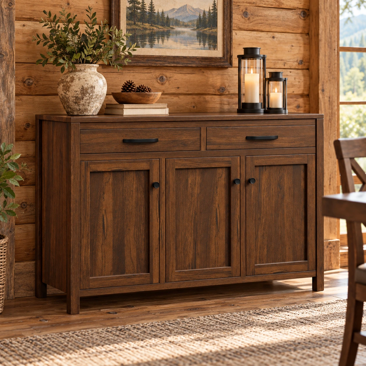 Canyon Brook Three-Door Server in a cabin dining room