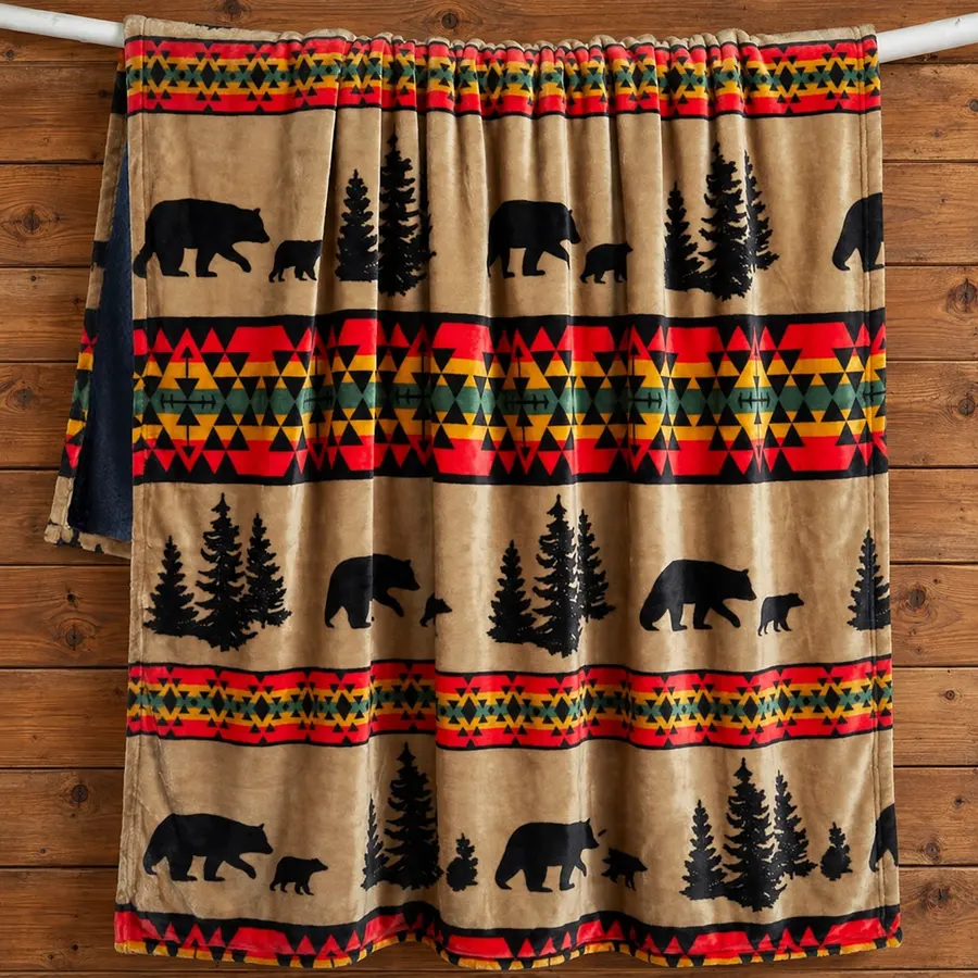 Pine Crossing Bear Sherpa Throw in a cabin
