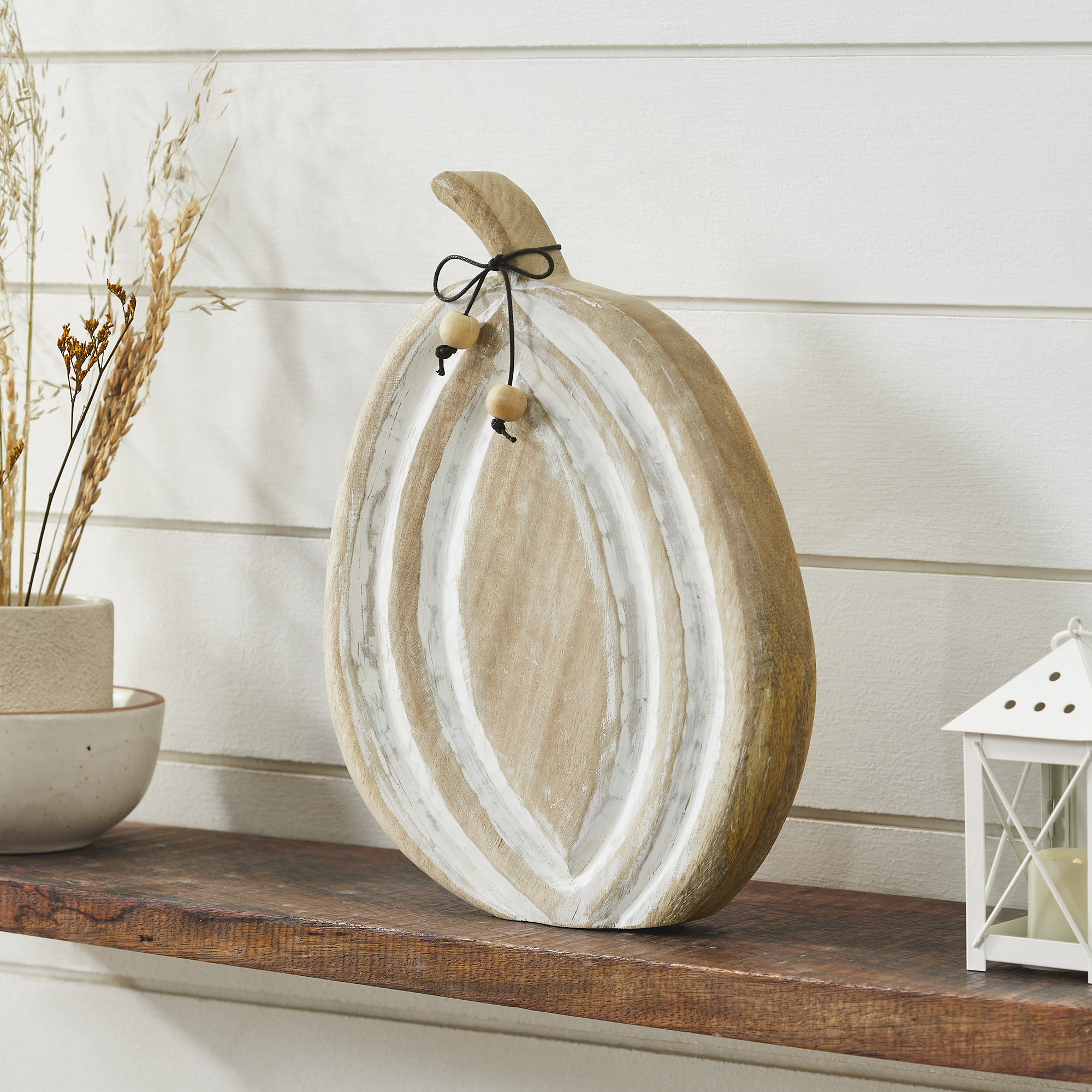 Carved Wooden Pumpkin Distressed White