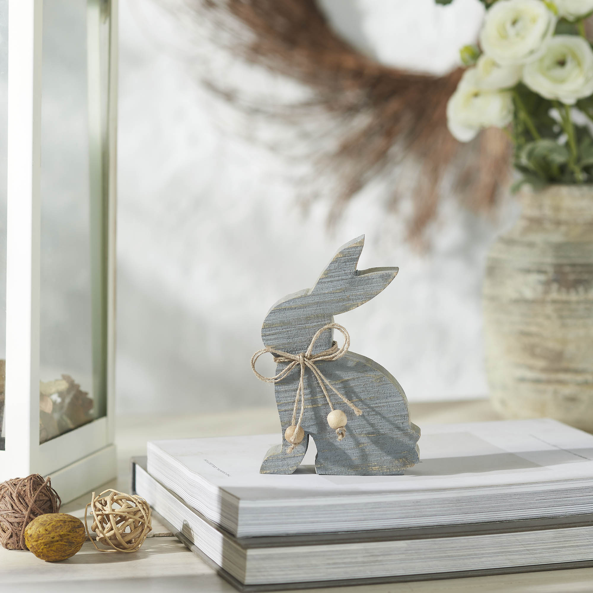 Bunny Hop Wooden Sitting Bunny Grey w/ Natural Beads