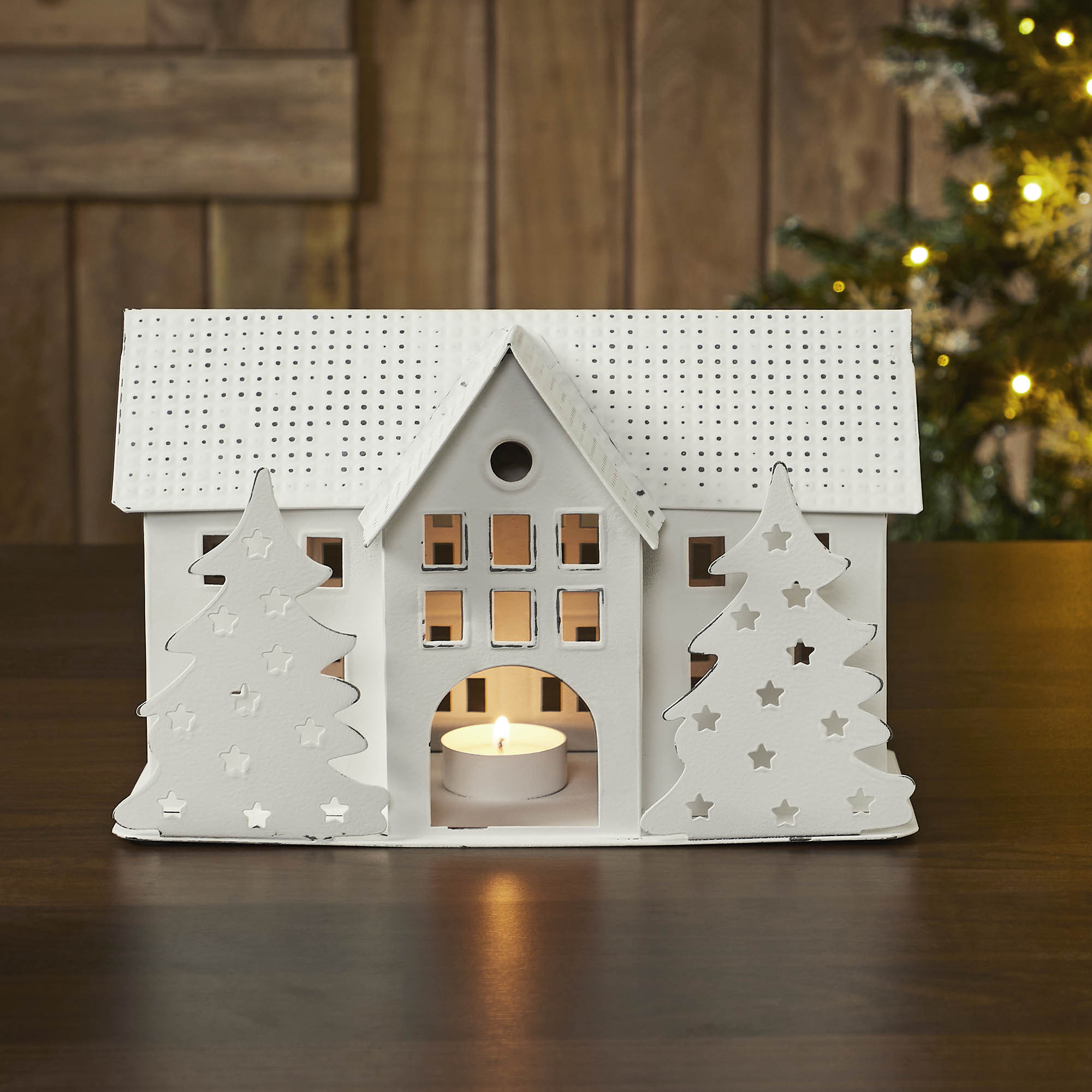 Tealight Holder Metal Village House B Antique White