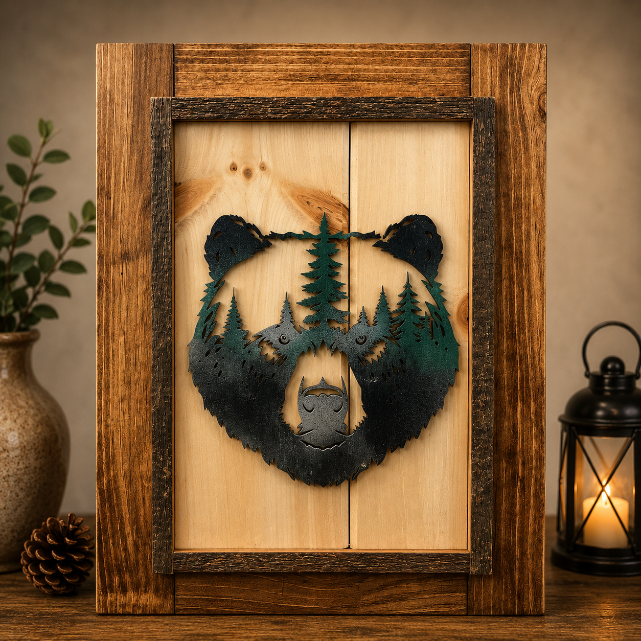 Rustic Bear Face Framed Art