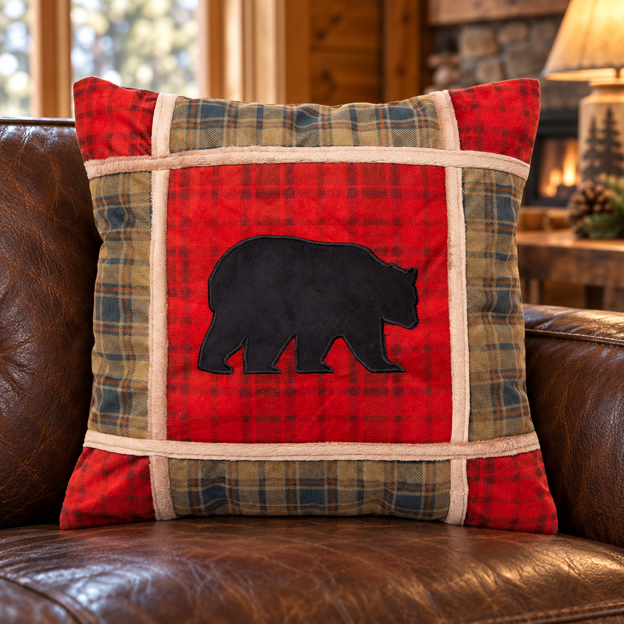Red Plaid Bear Grid Pillow