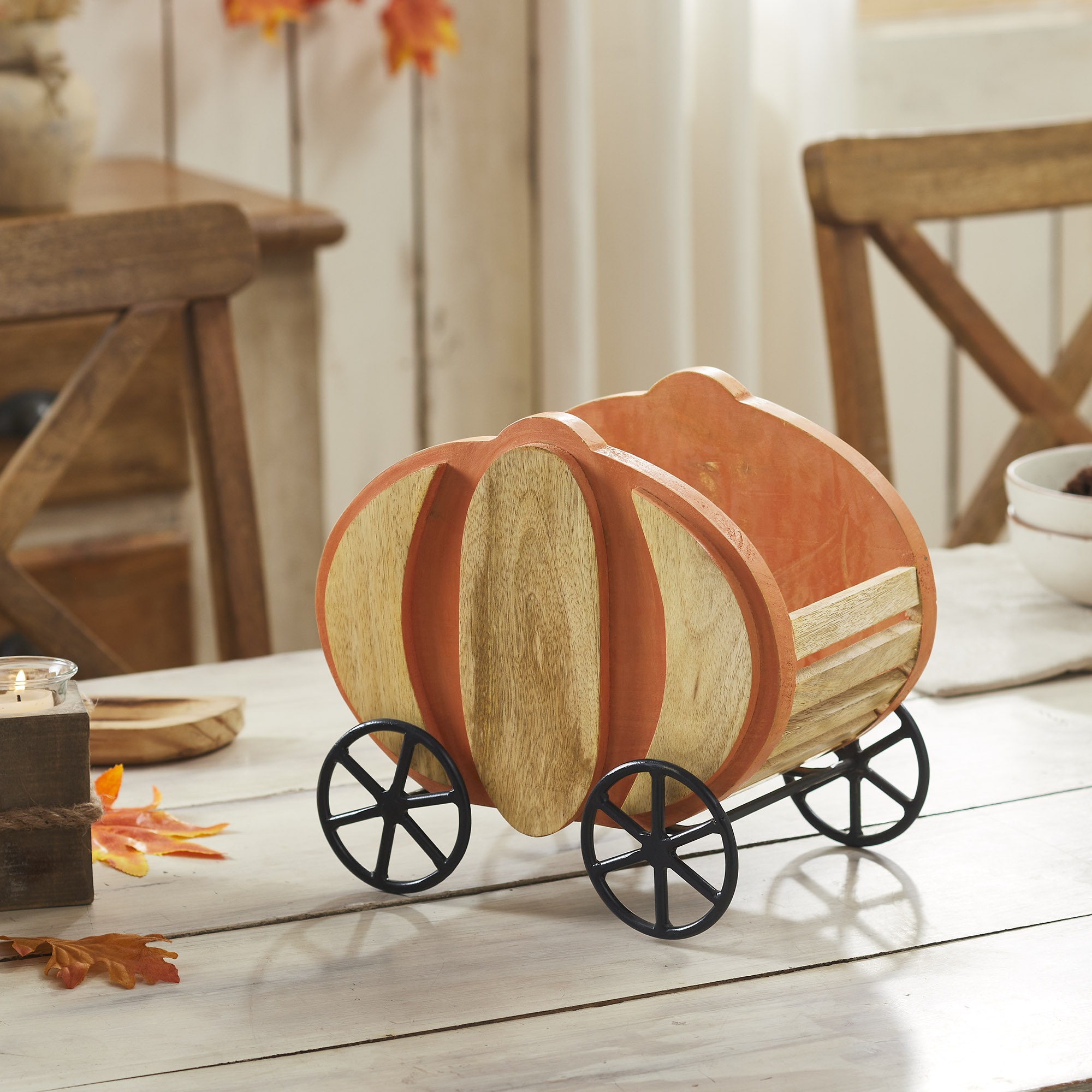 Wooden Pumpkin Carriage w/ Iron Wheels Decor