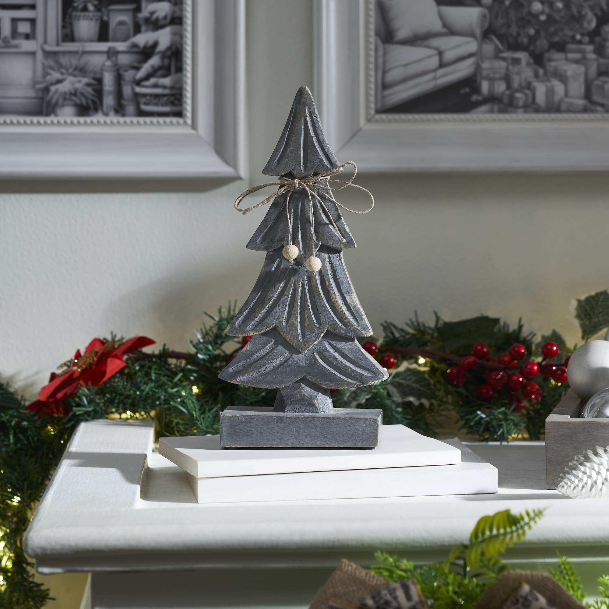 Four-Tiered Pine Distressed Dark Grey Wooden Tree
