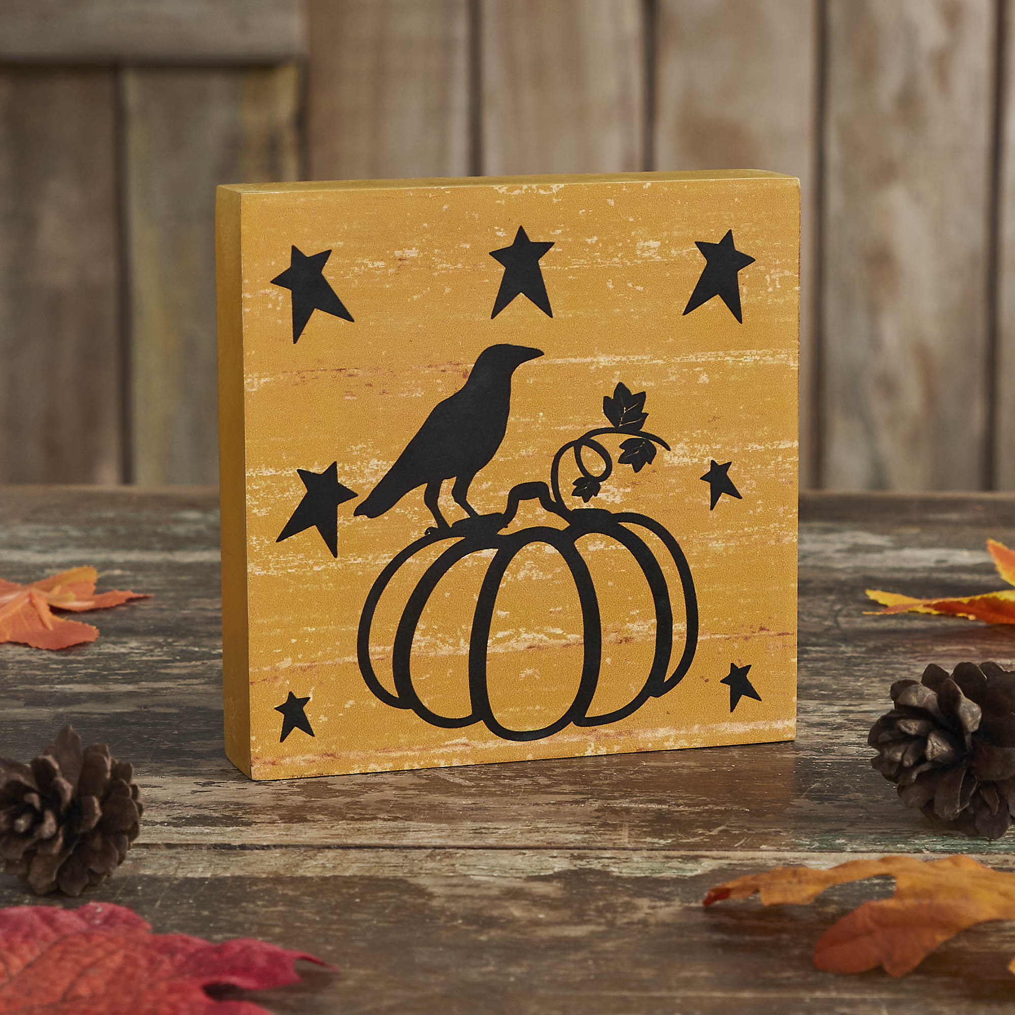 Prim Stars Pumpkin Raven Mustard Base MDF Sign