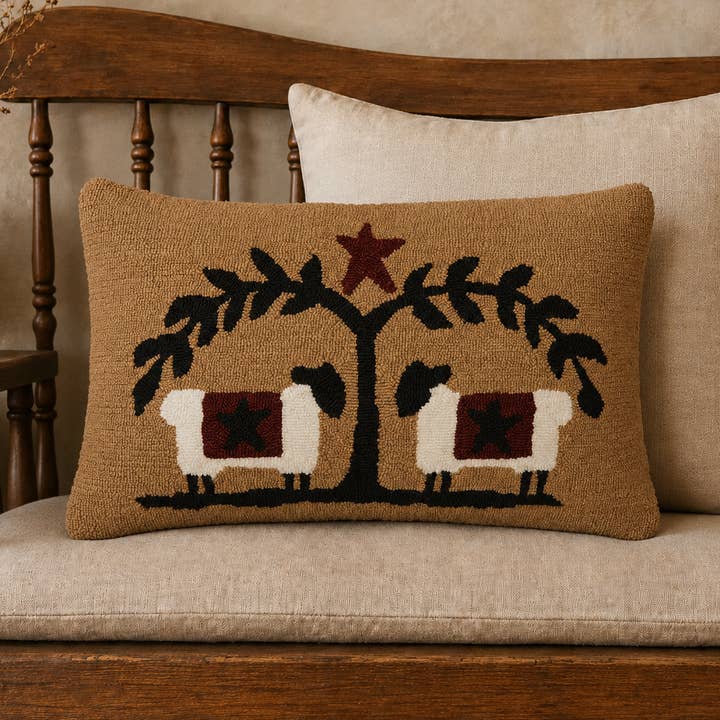 Heritage Farms Sheep and Star Hooked Throw Pillow 14x22