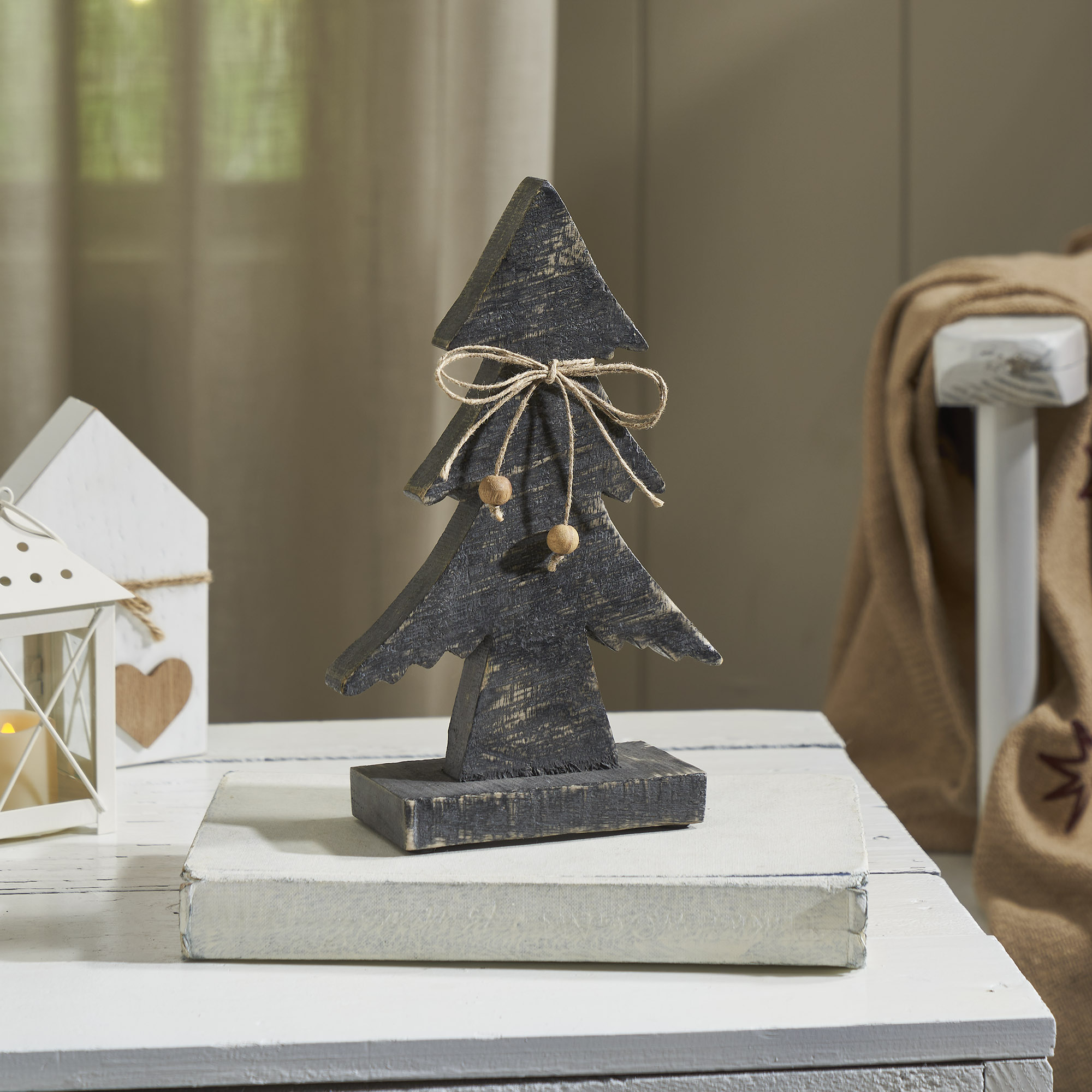 Three-Tiered Pine Distressed Dark Grey Wooden Tree
