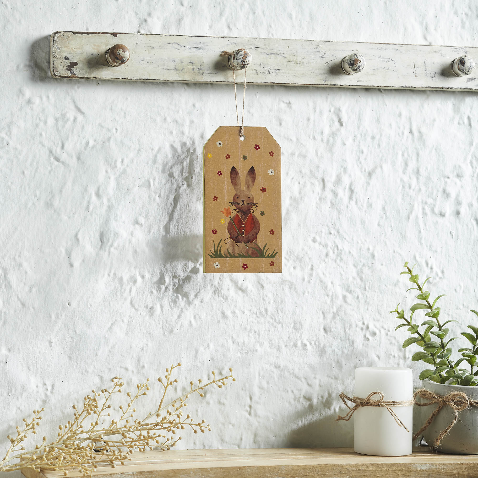Spring In Bloom Bunny In Vest MDF Tag Ornament w/ Twine