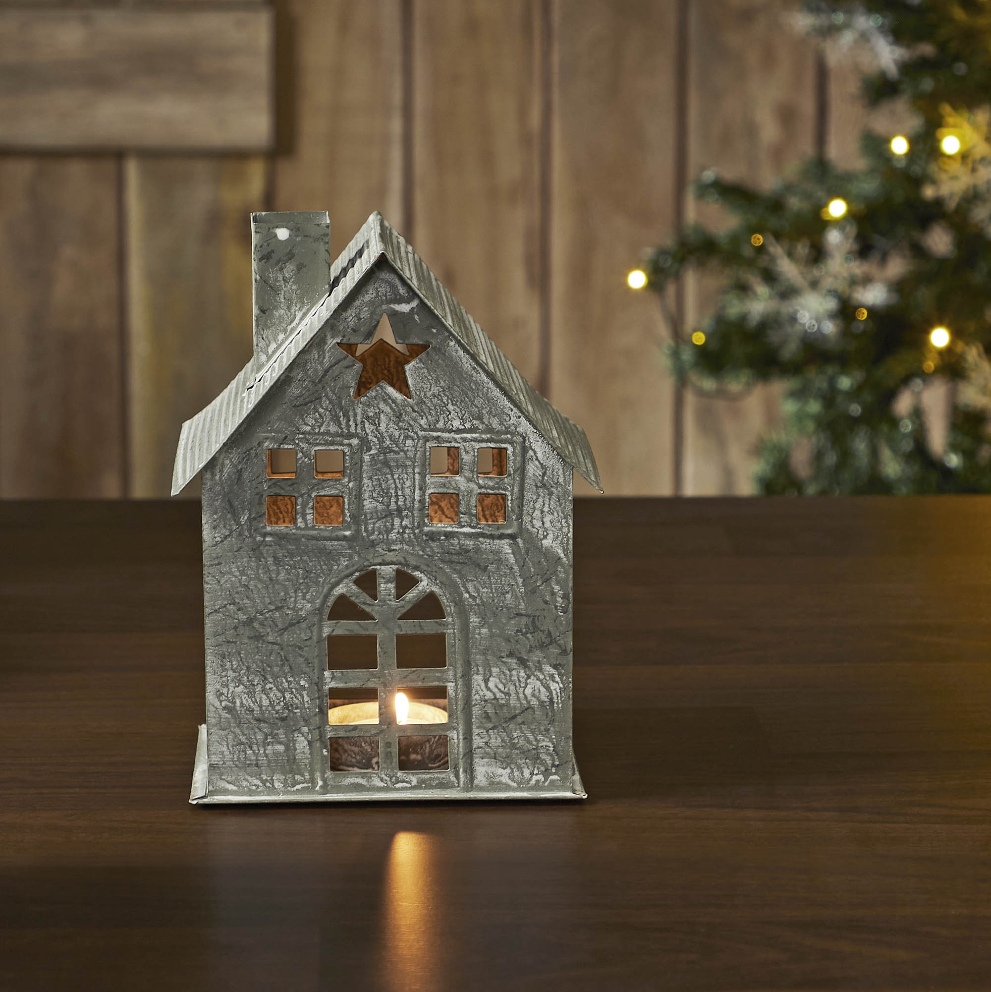 Tealight Holder Metal Village House H Antique Grey