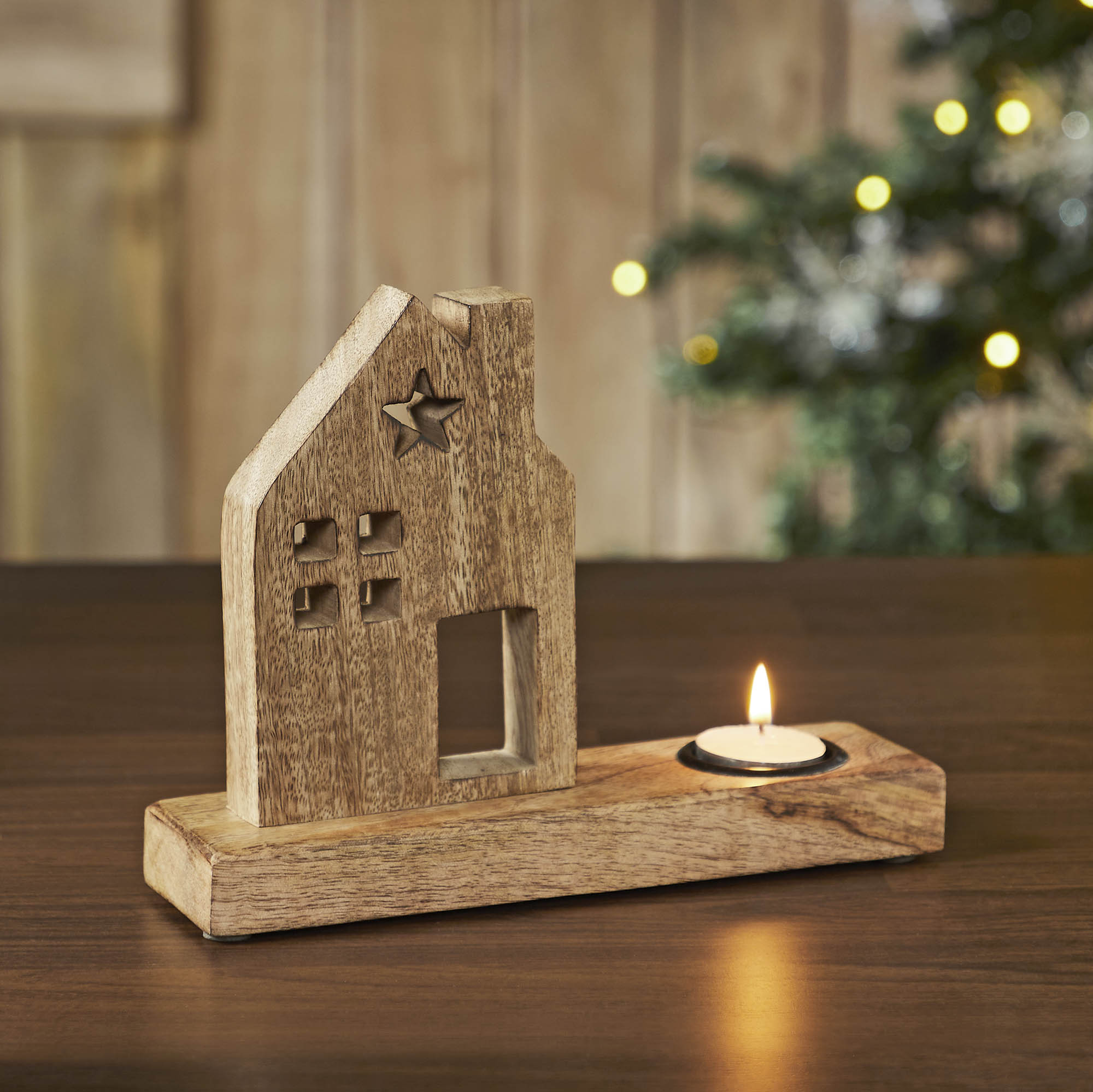Wooden Saltbox House Star Tealight Holder