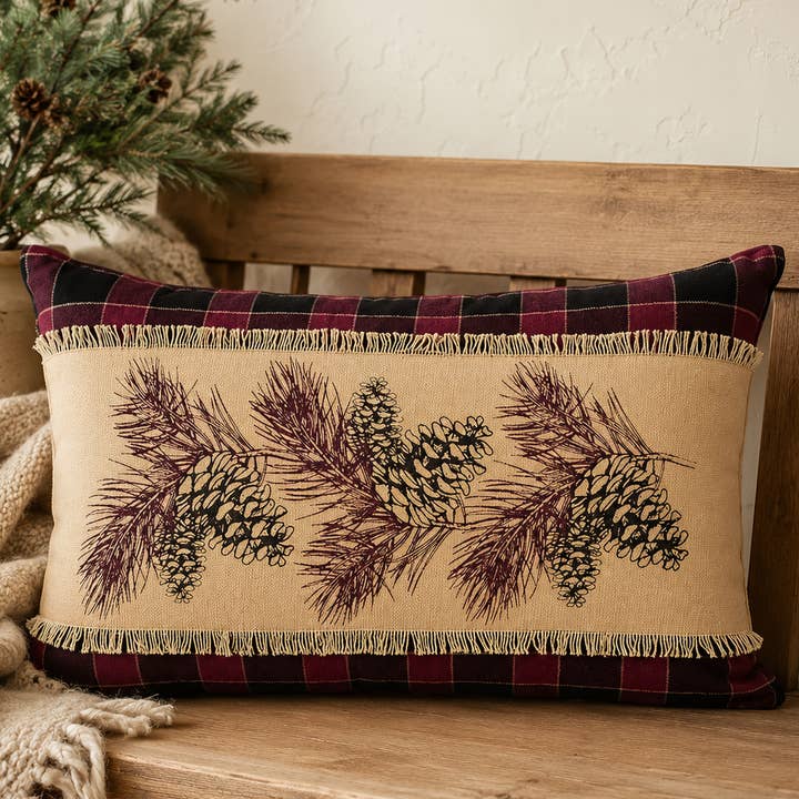 Rustic Lodge Christmas Pinecone Lumbar Throw Pillow 14x22