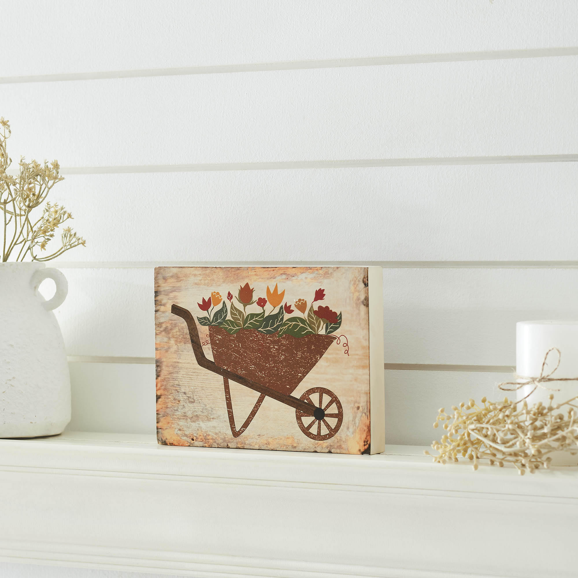 Spring In Bloom Wheelbarrow Of Flowers MDF Block Sign