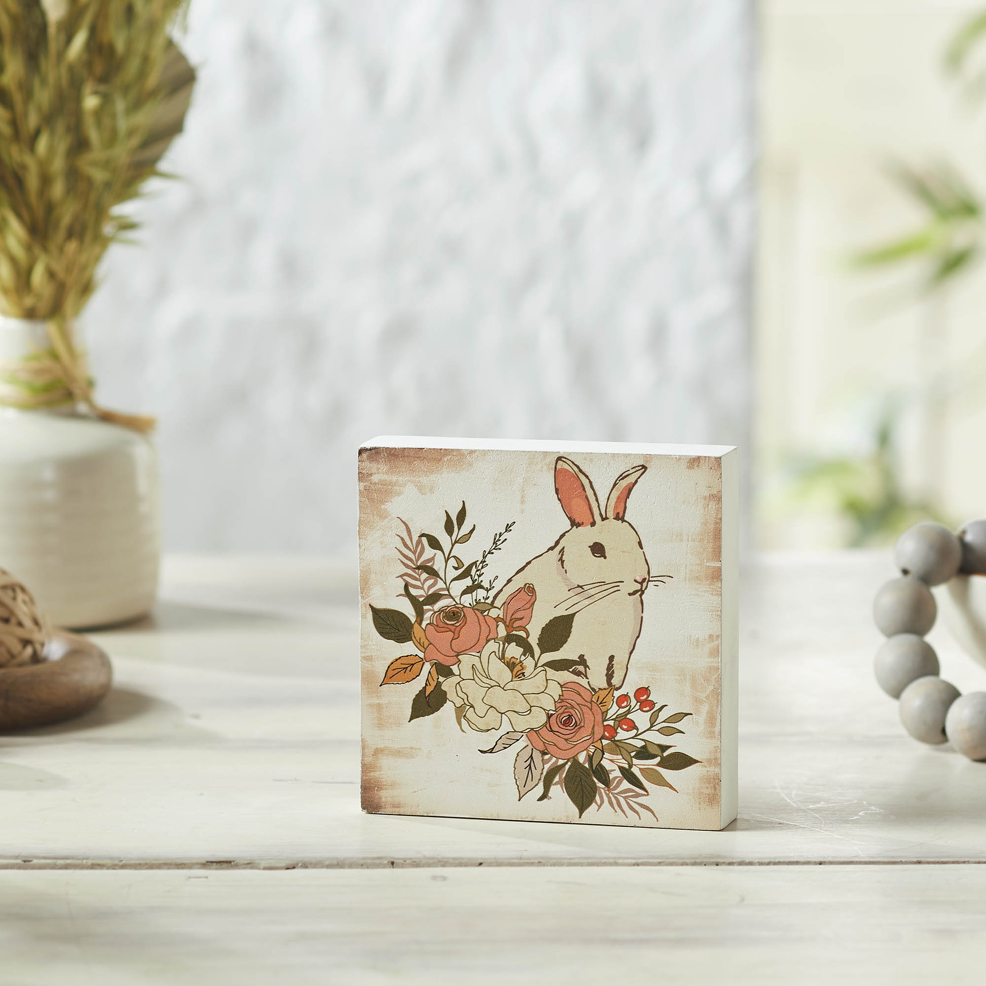 Bunny Hop Floral Bunny MDF Block Sign