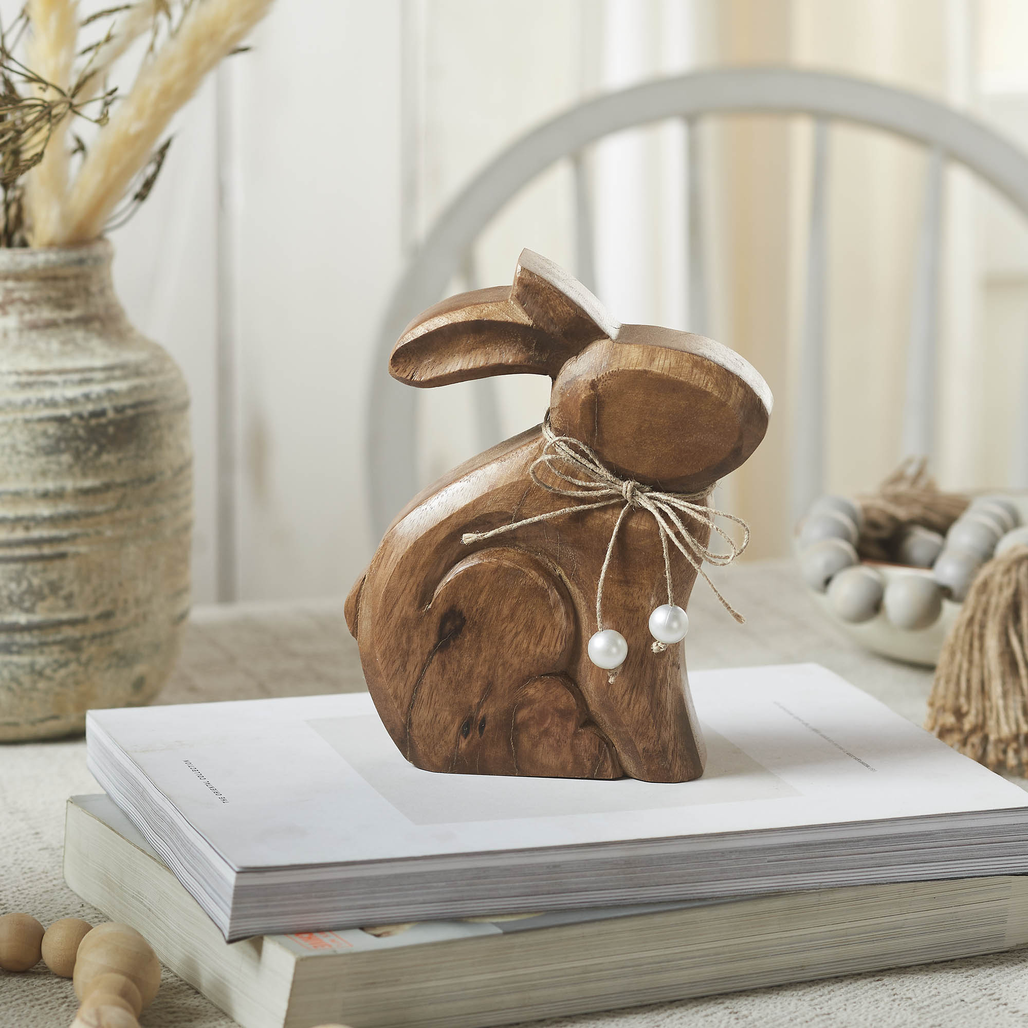 Bunny Hop Wooden Sitting Bunny Natural with Pearl Beads