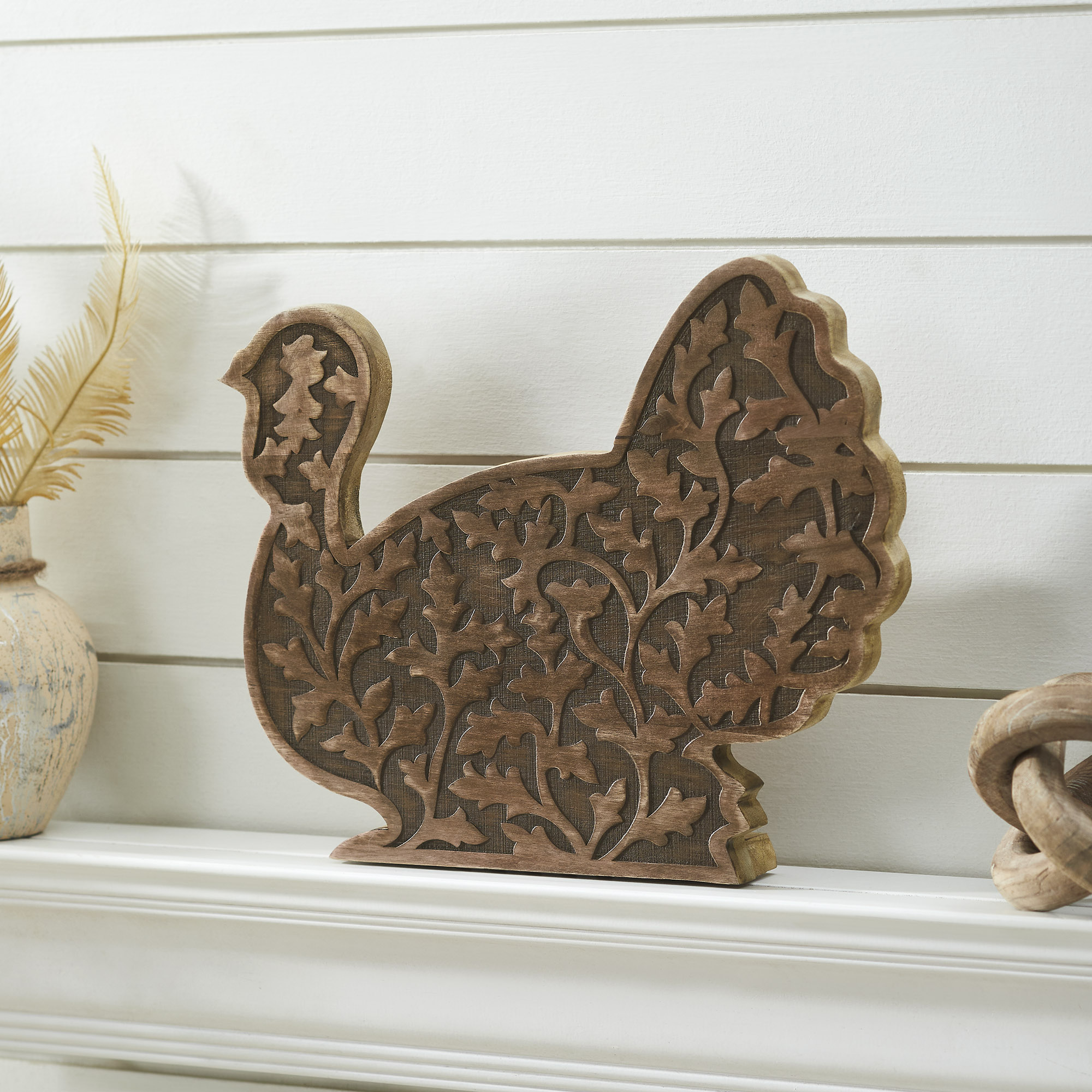 Wooden Harvest Leaf Carved Turkey