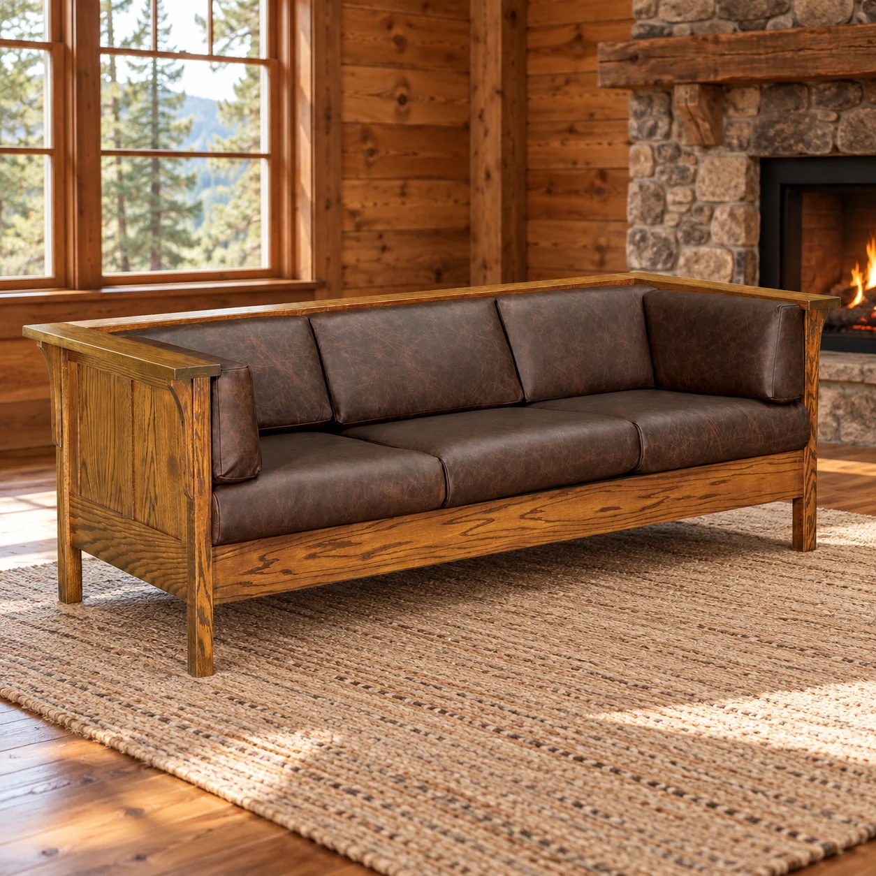 Cedar Crossing Oak Panel Leather Sofa in a cabin living room