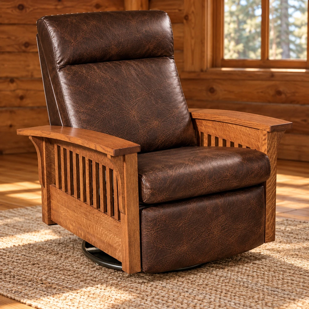 Prairie Bend Swivel Rocker Recliner in a cabin