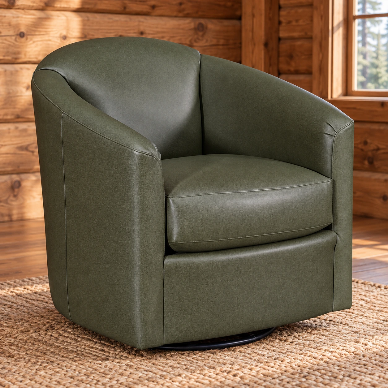 Cedar Landing Leather Swivel Chair in a cabin living room