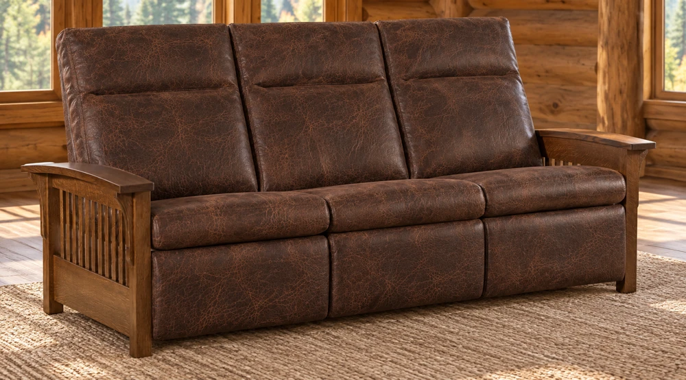 Summit Hollow Slat Wall-Hugger Sofa Recliner in a cabin