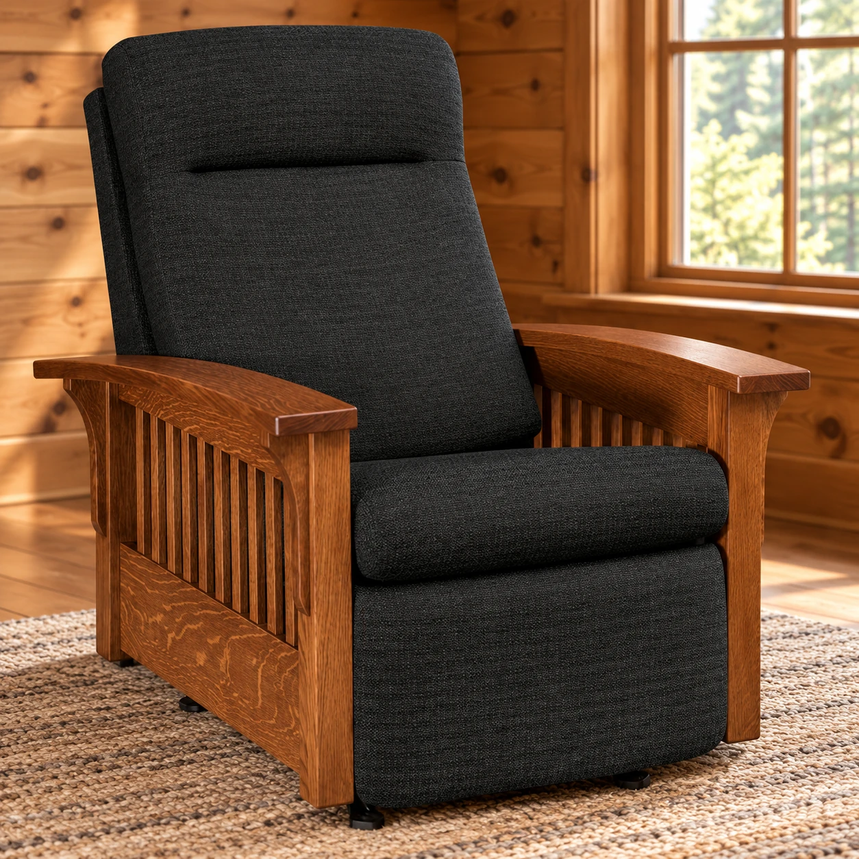 Prairie Bend Quarter Sawn White Oak Rocker Recliner in a cabin living room