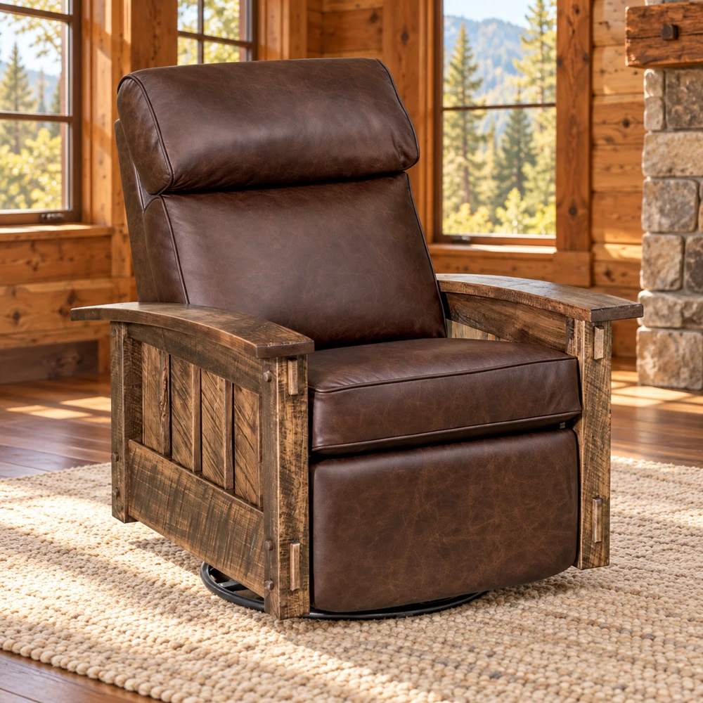 Ridge Haven Inset-Panel Swivel Rocker Recliner in a cabin