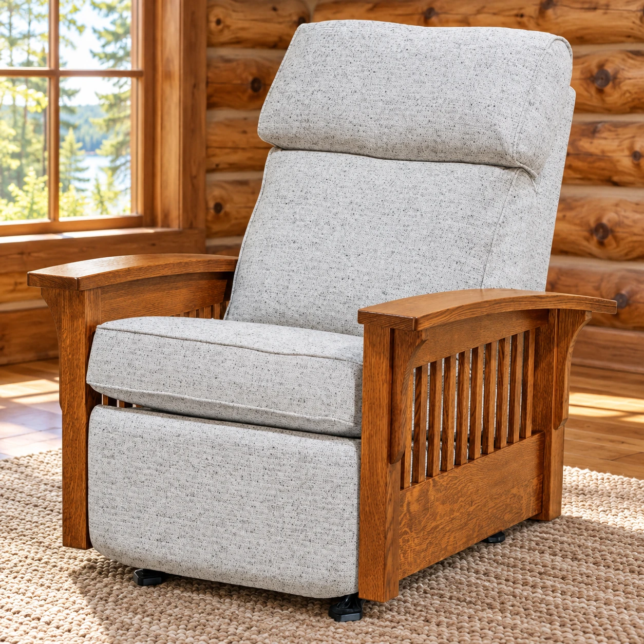 Prairie Bend Quarter Sawn White Oak Stockton Rocker Recliner in a cabin living room