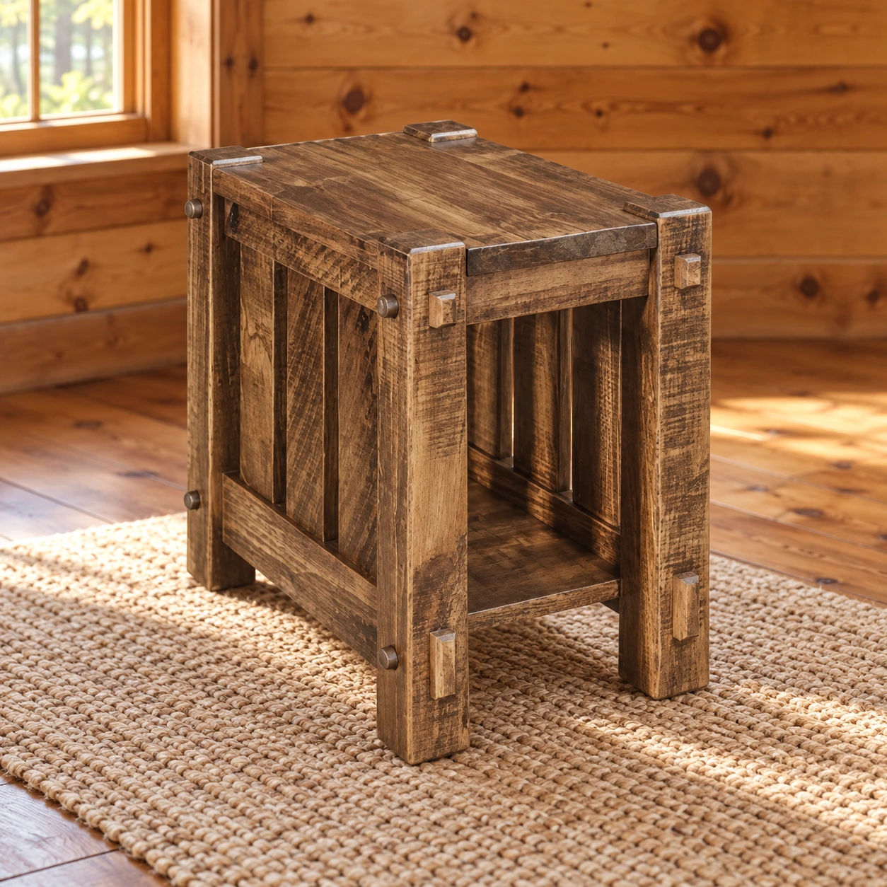 Ridge Haven Roughsawn Brown Maple 16-Inch End Table in a cabin living room