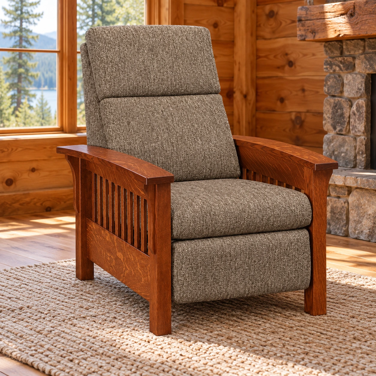 Cedar Landing Quarter Sawn White Oak Slat Recliner in a cabin living room