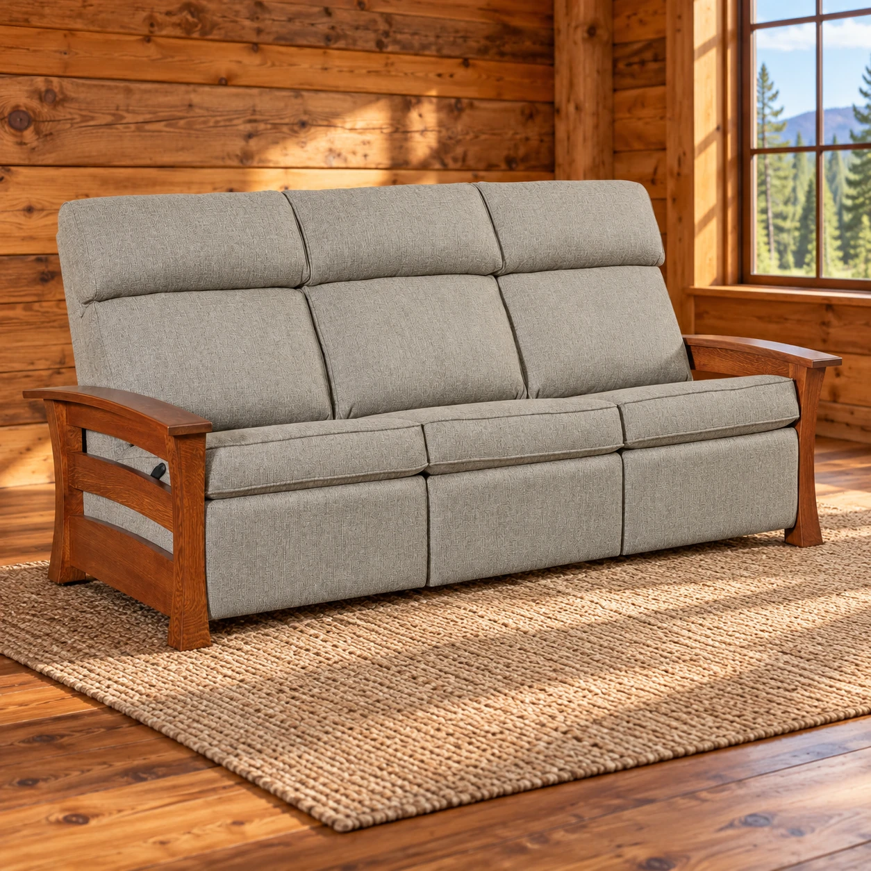 Oakfield Hollow Quarter Sawn White Oak Stockton Wall-Hugger Reclining Sofa in a cabin living room