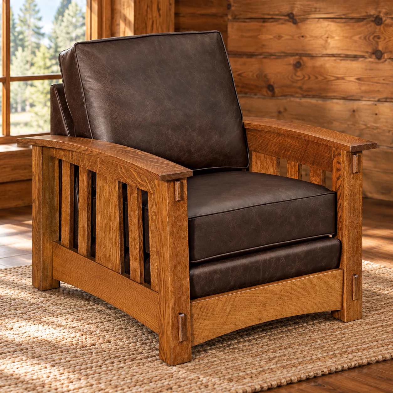 Canyon Forge Quarter Sawn White Oak Deep-Seat Leather Chair in a cabin living room