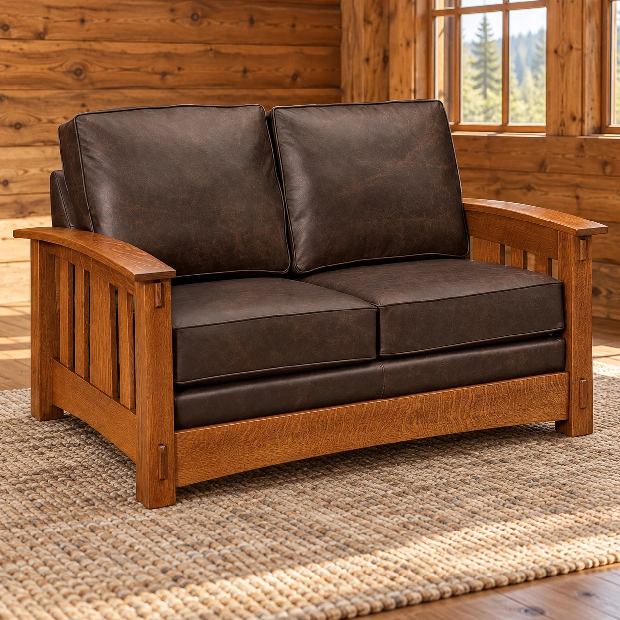 Canyon Forge Quarter Sawn White Oak Deep-Seat Leather Loveseat in a cabin living room
