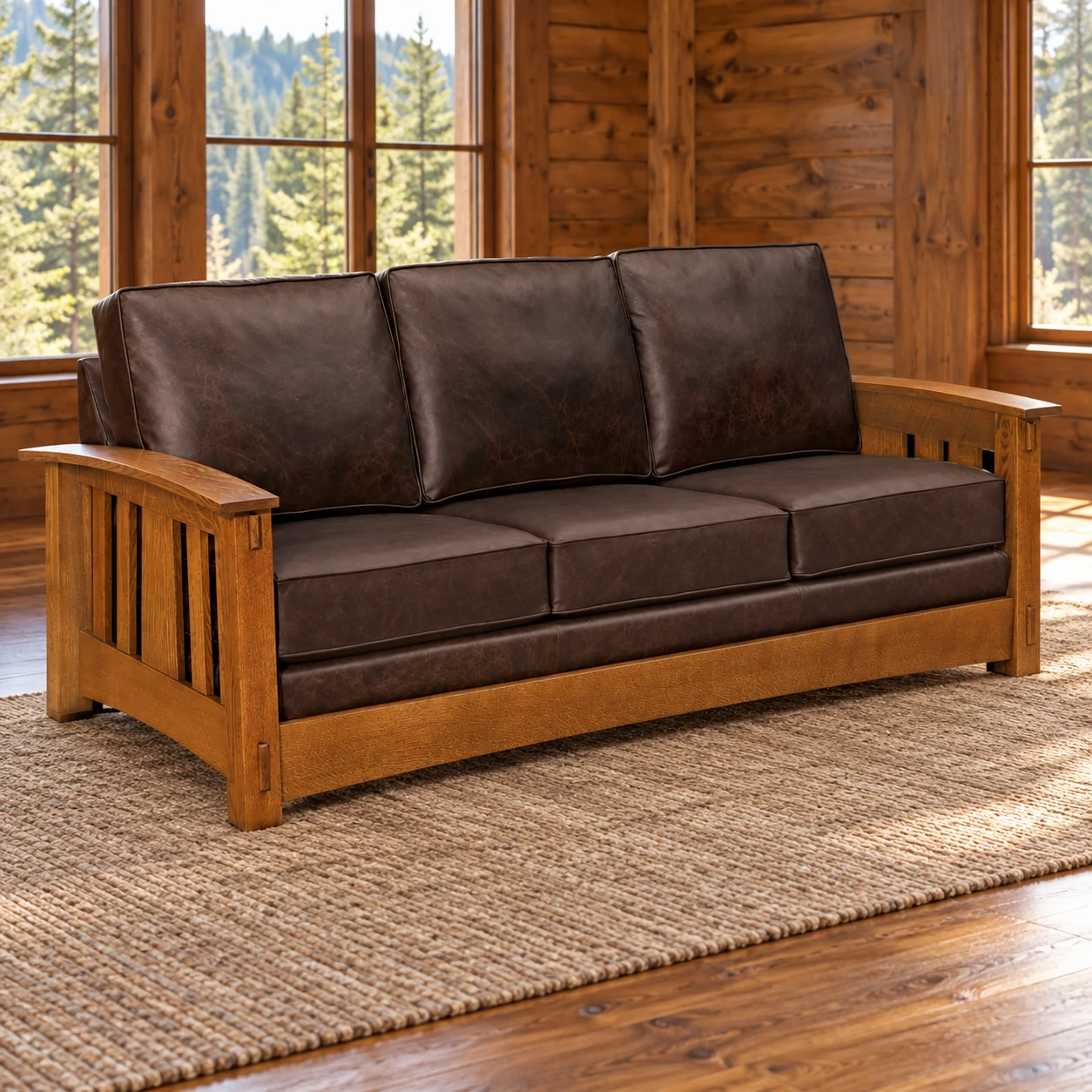 Canyon Forge Quarter Sawn White Oak Deep-Seat Leather Sofa in a cabin living room
