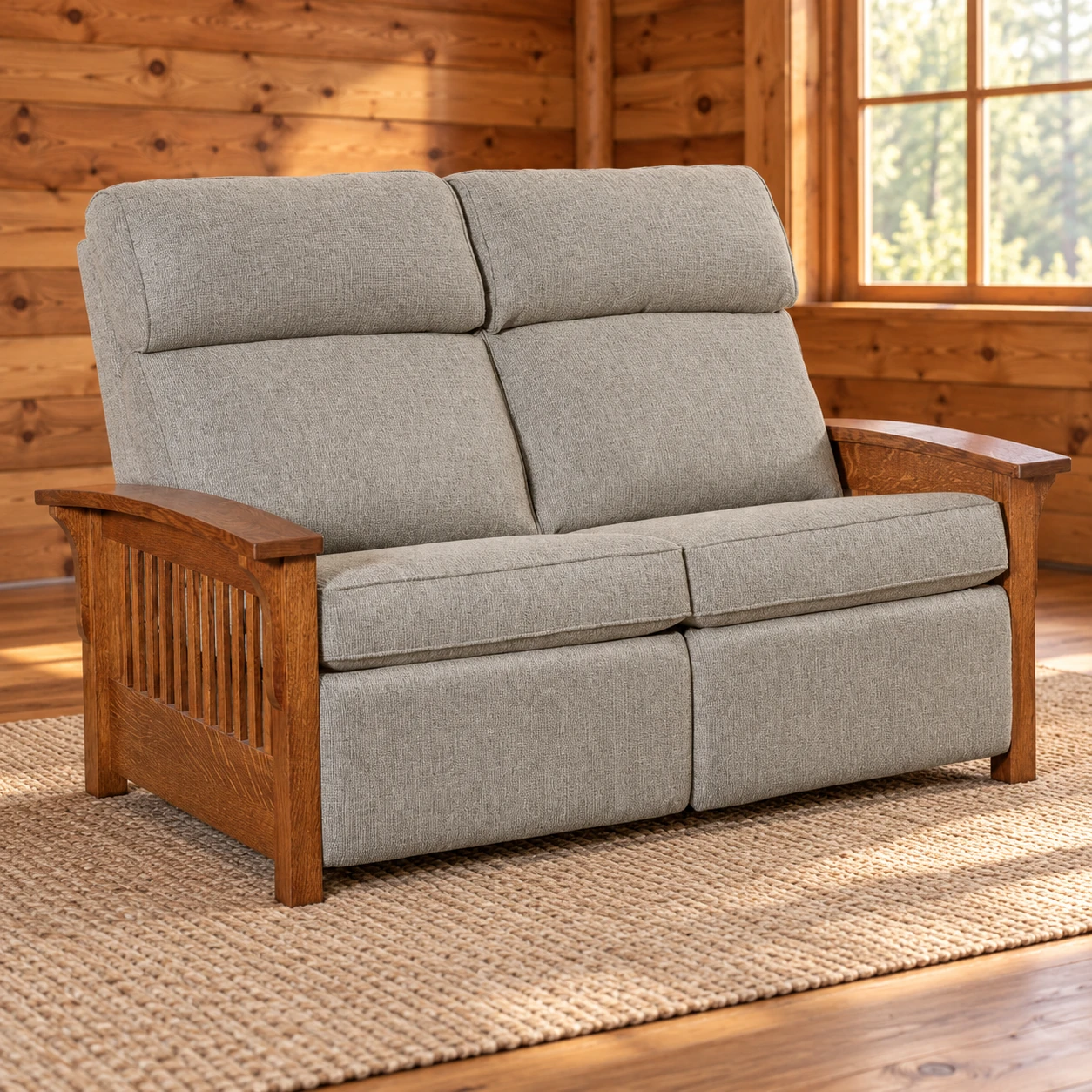 Orchard Ridge Quarter Sawn White Oak Wall-Hugger Reclining Loveseat in a cabin living room