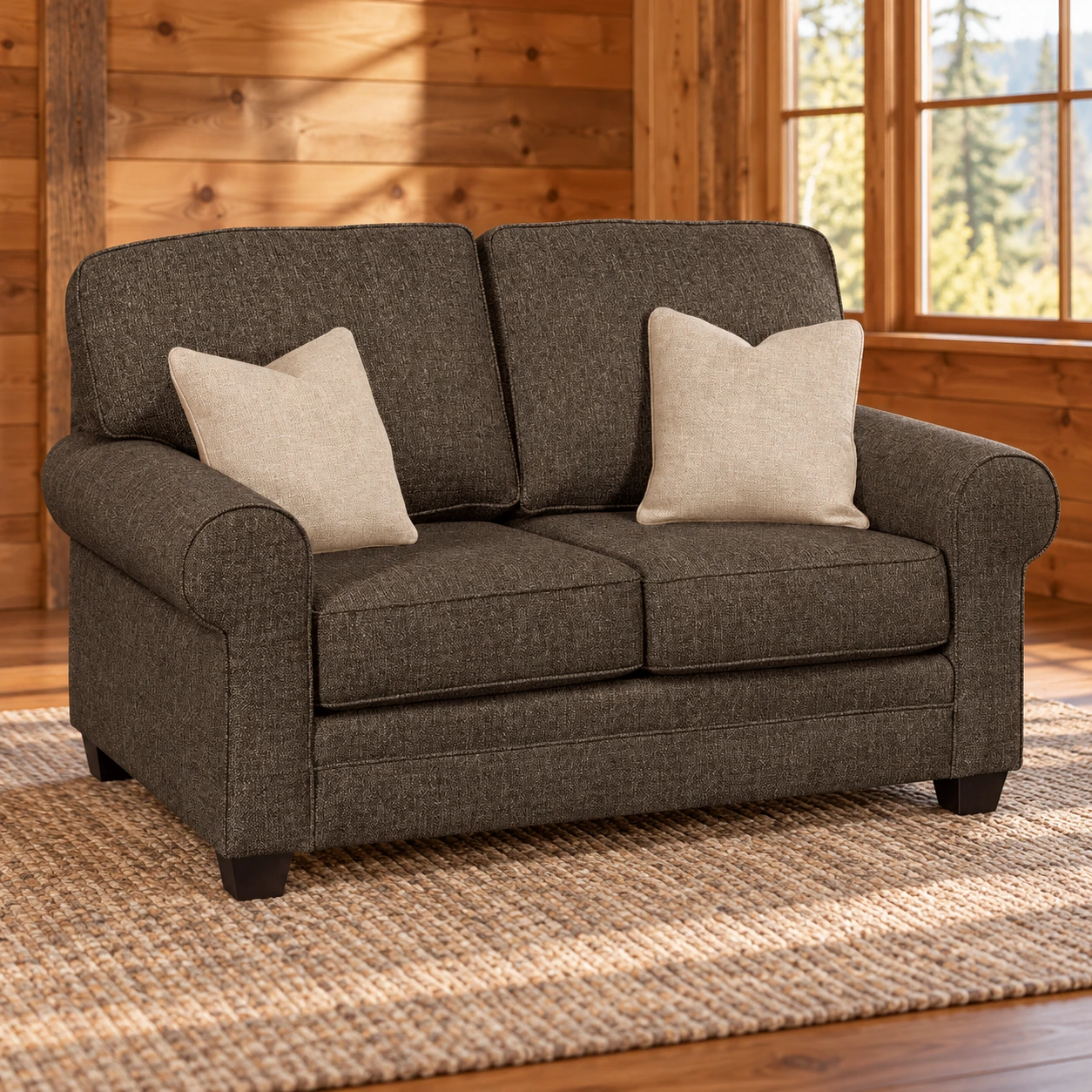 Willow Glen Sock-Arm Fabric Loveseat in a cabin living room