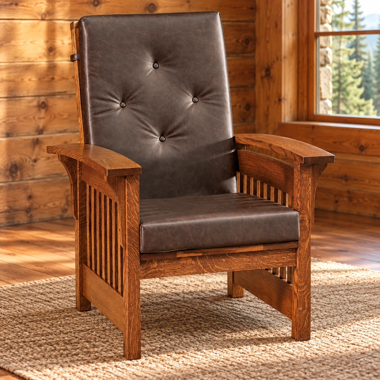 Walnut Hollow Quarter Sawn White Oak Bow-Arm Leather Chair in a cabin living room