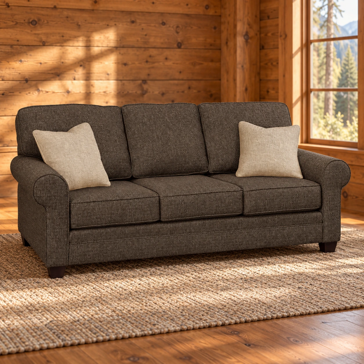 Willow Glen Sock-Arm Fabric Sofa in a cabin living room