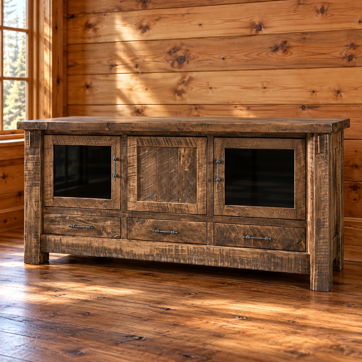Ridge Haven Roughsawn Brown Maple Cabinet TV Stand in a cabin living room