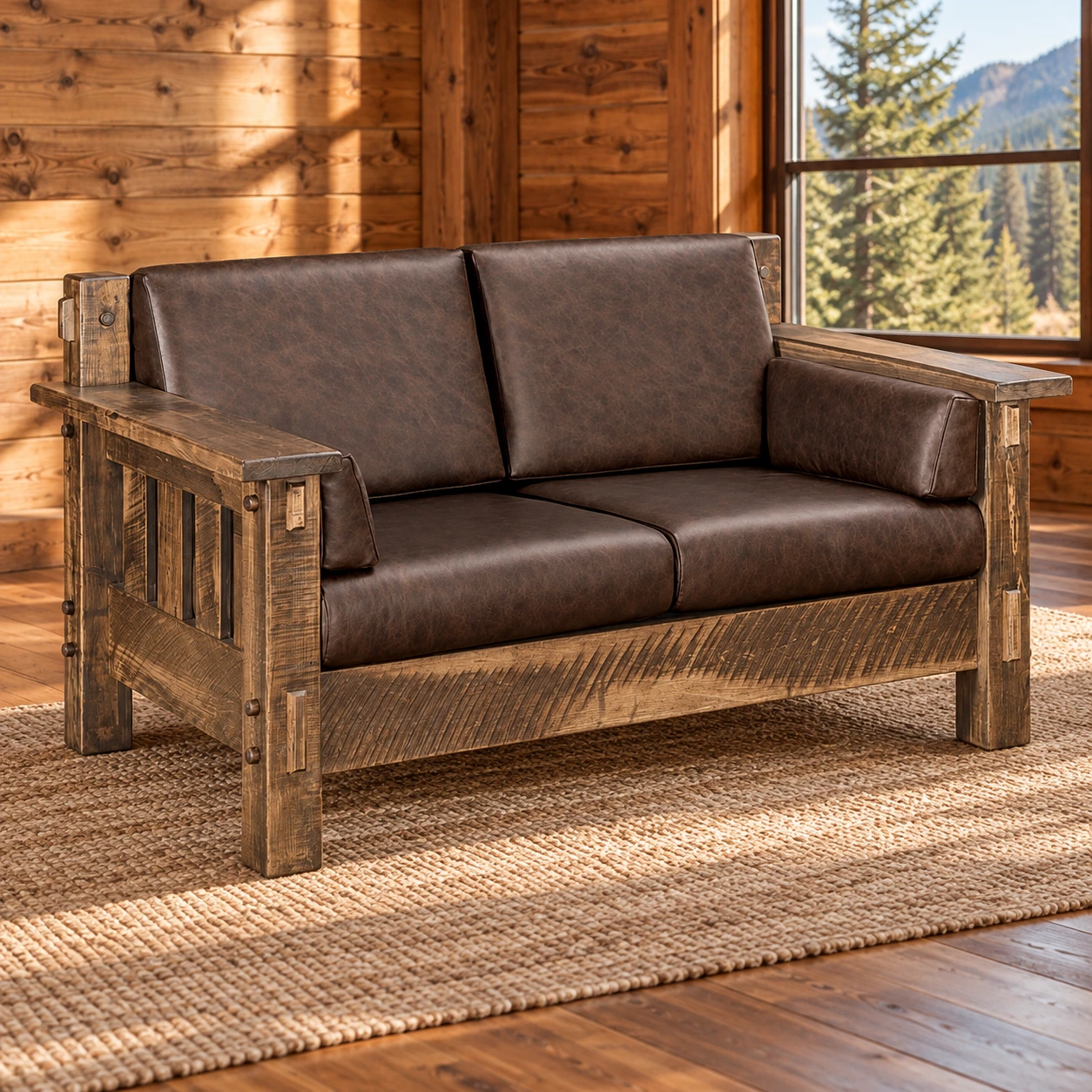 Ridge Haven Roughsawn Brown Maple Leather Loveseat in a cabin living room