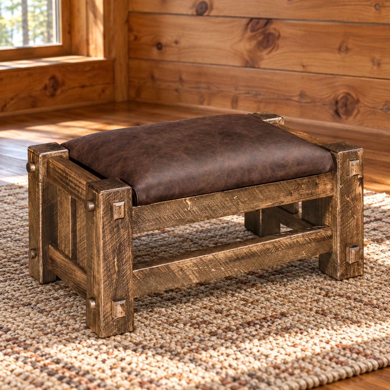 Ridge Haven Roughsawn Brown Maple Leather Footstool in a cabin living room