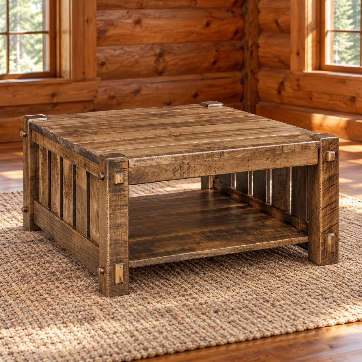 Ridge Haven Roughsawn Brown Maple Square Coffee Table in a cabin living room