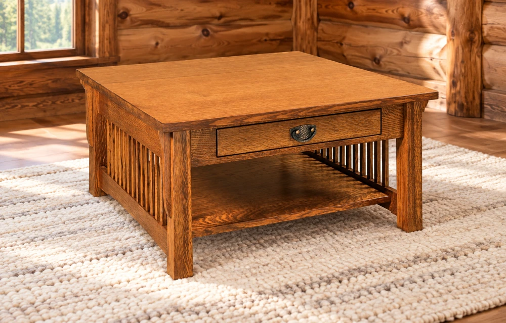 Cedar Crossing 36-Inch Panel Coffee Table in a cabin