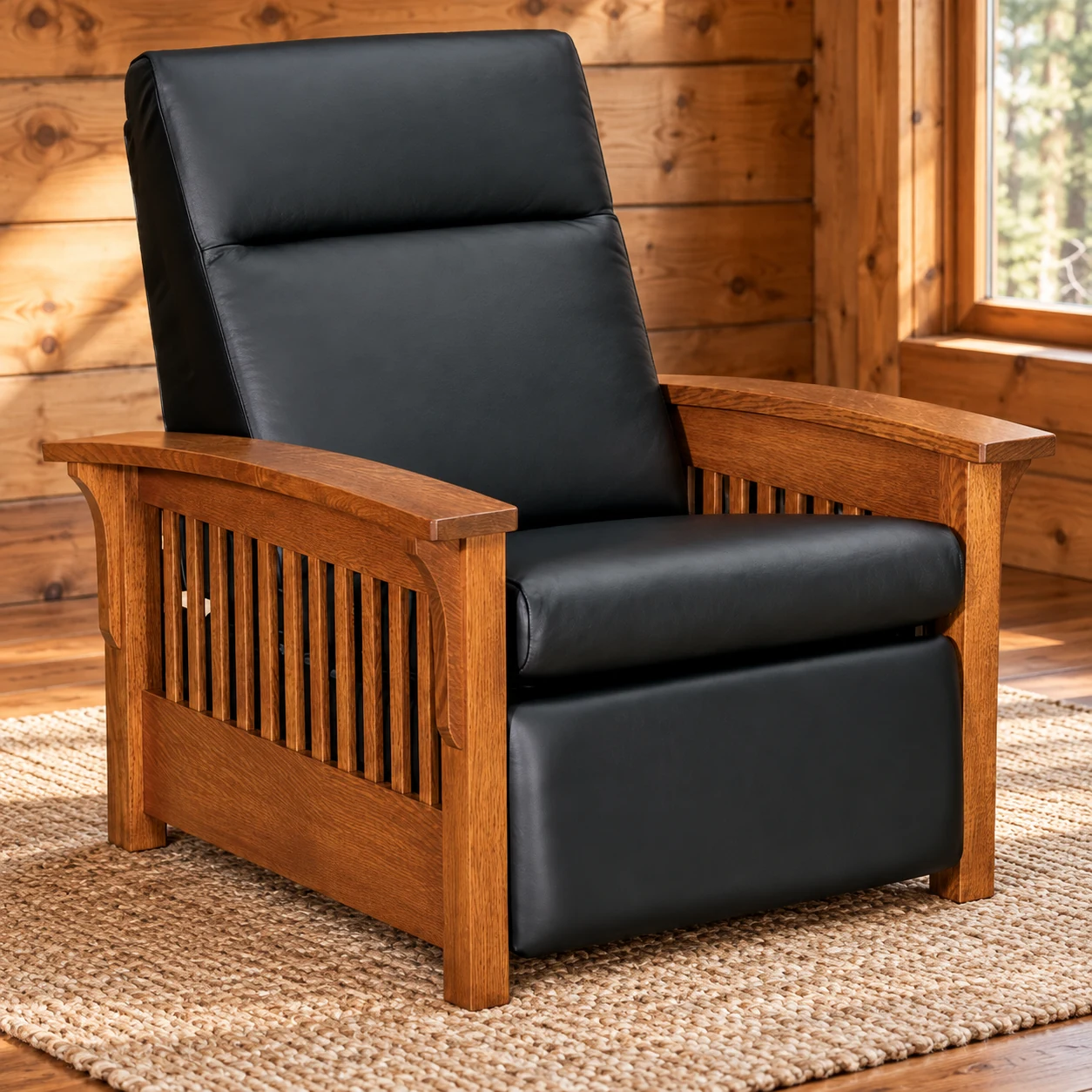Summit Hollow Quarter Sawn White Oak Slat Wall-Hugger Leather Recliner in a cabin living room