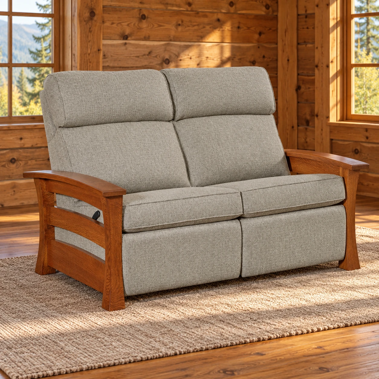 Oakfield Hollow Quarter Sawn White Oak Stockton Wall-Hugger Reclining Loveseat in a cabin living room