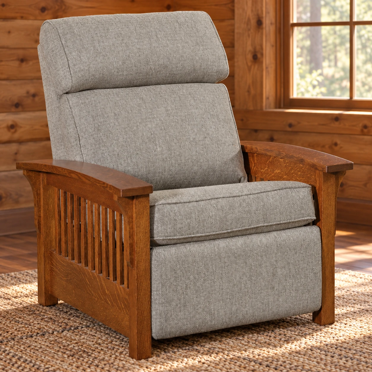 Orchard Ridge Quarter Sawn White Oak Wall-Hugger Reclining Chair in a cabin living room