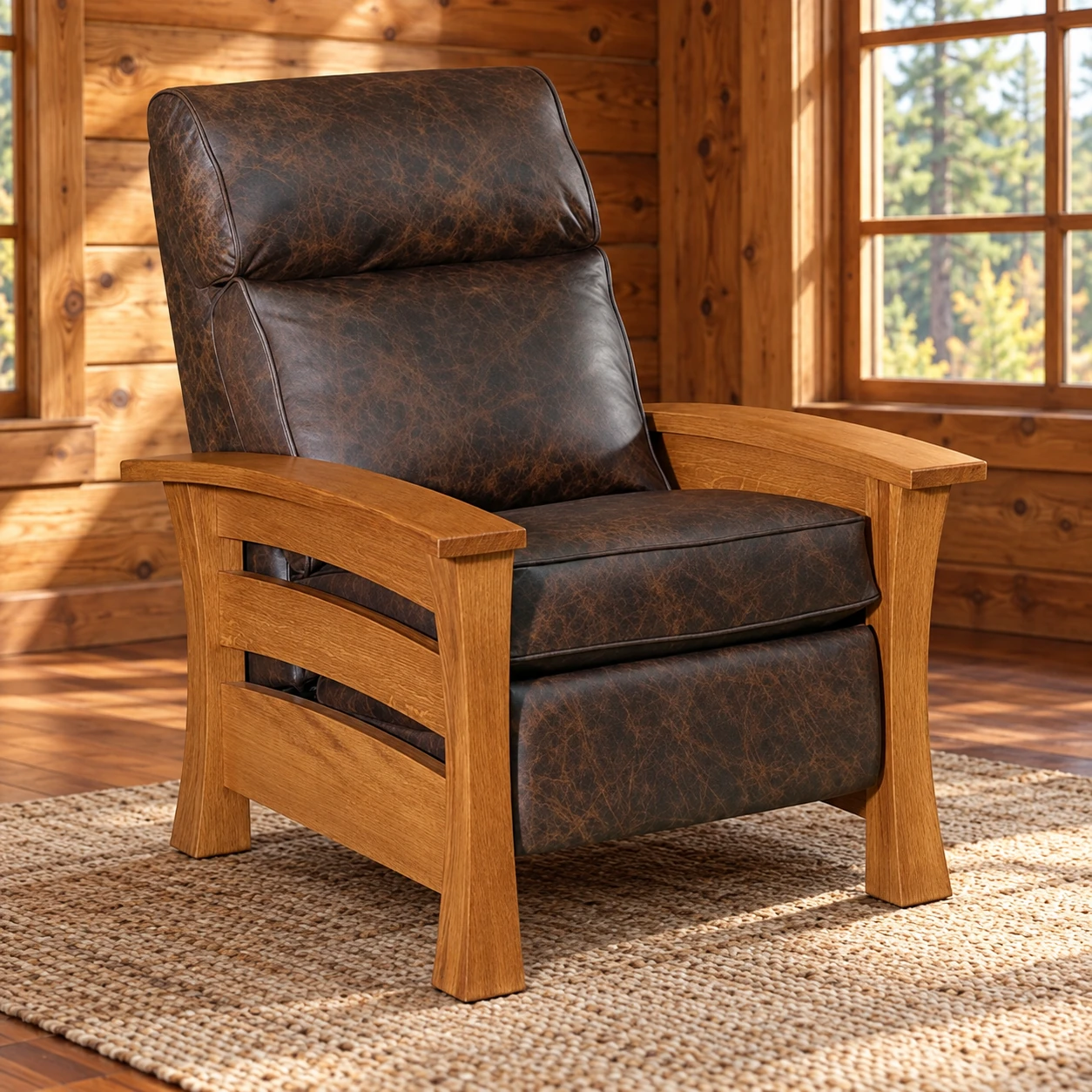 Oakfield Hollow Quarter Sawn White Oak Stockton Recliner in a cabin living room