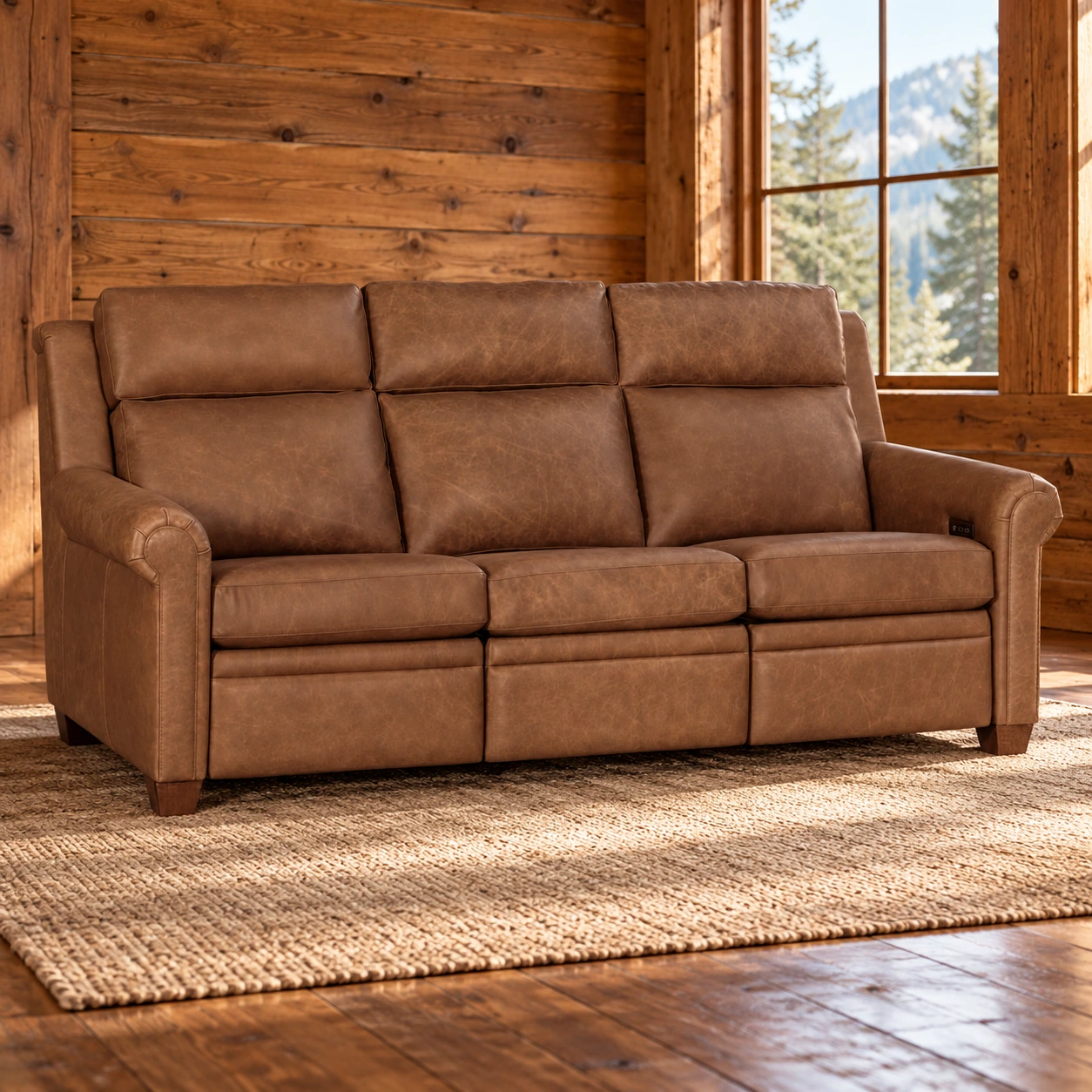 Hearthstone Rolled-Arm Sofa in a cabin living room