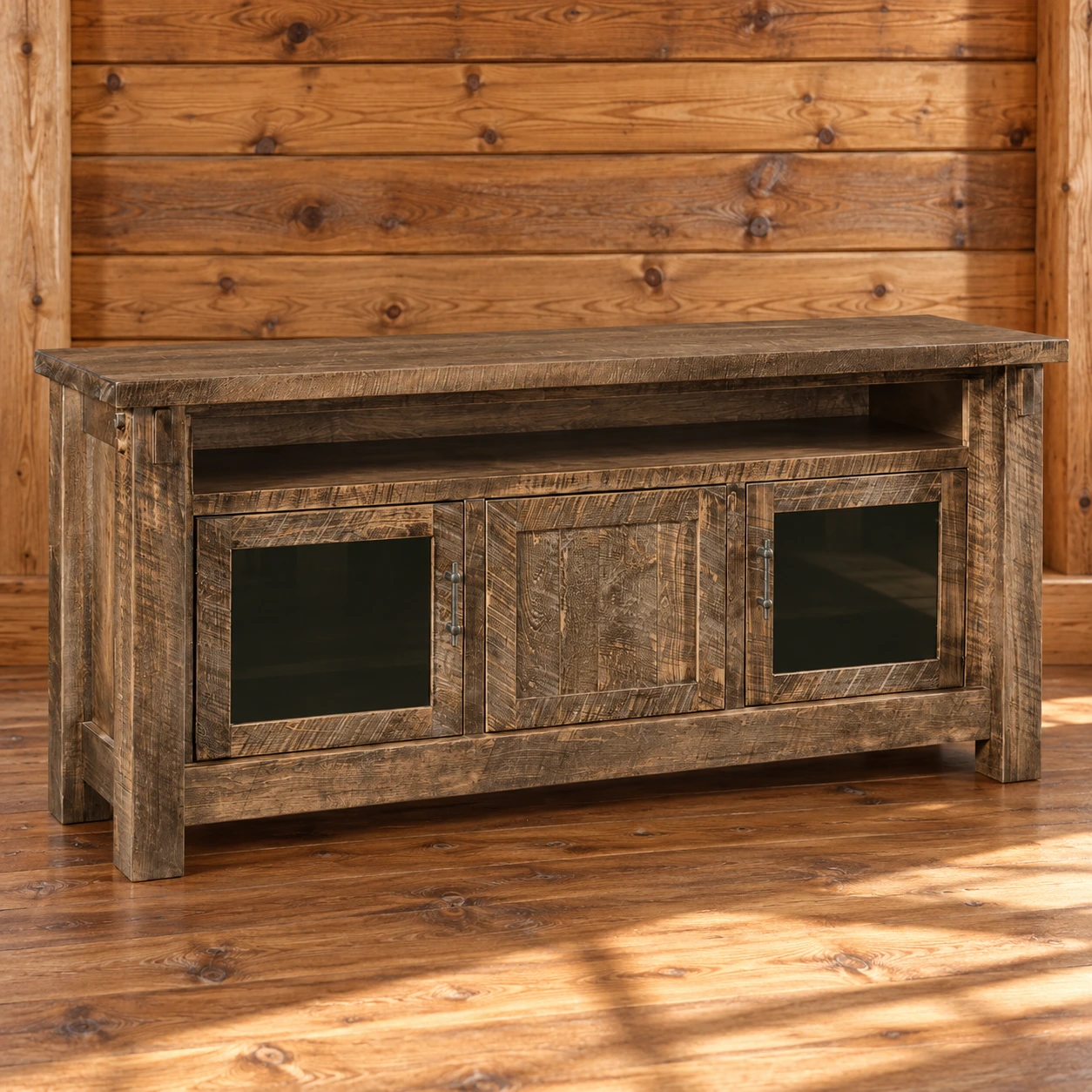 Ridge Haven Roughsawn Brown Maple Open TV Stand in a cabin living room